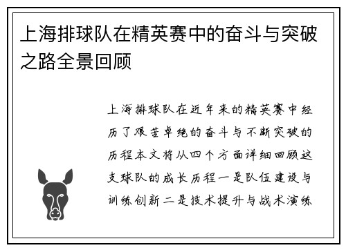 上海排球队在精英赛中的奋斗与突破之路全景回顾